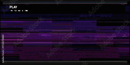 Abstract glitch art with purple and black horizontal lines and digital noise effect