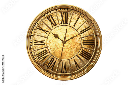 A Happy New Year golden clock with roman numerals striking midnight, isolated on a transparent background.