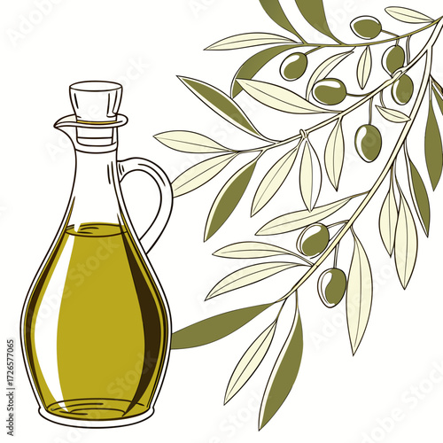 Olive oil in a glass bottle with a branch