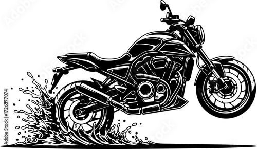 Photos Dynamic motorcycle blasting through water spray creating exciting splashes, perfect for action sports and adventure themes