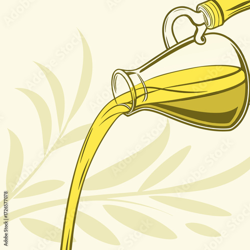 Olive oil pouring from a glass bottle