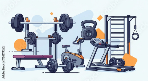 Illustration of a gym setup with weightlifting equipment treadmill and other exercise machines shown