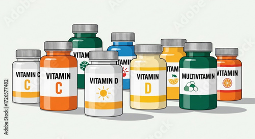 Assortment of vitamin bottles including vitamin c, vitamin d, and multivitamin supplements on display