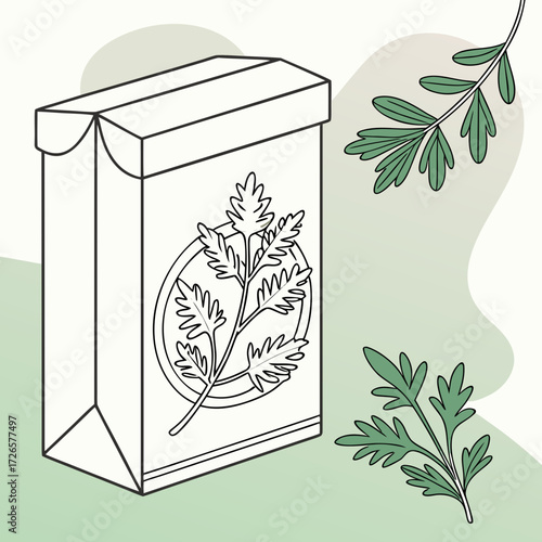 Illustration of a tea package with herbs