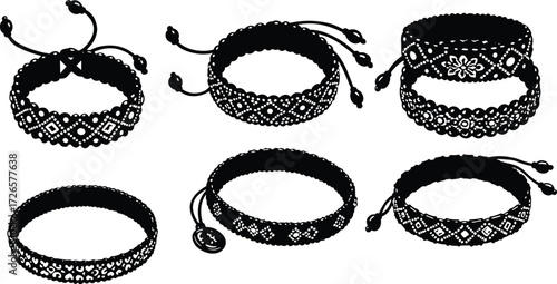 Black and white woven friendship bracelet vector set with geometric patterns, floral embroidery, handmade textile jewelry, boho ethnic accessory illustration