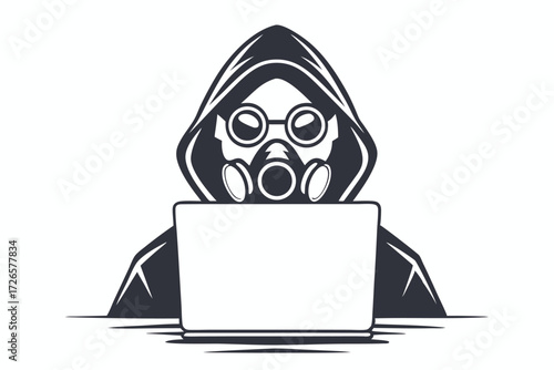 An unknown hooded character wearing a gas mask is using his laptop device