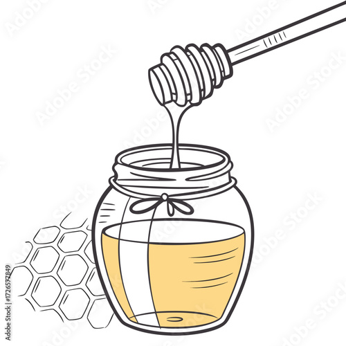 Illustration of a honey jar with dipper