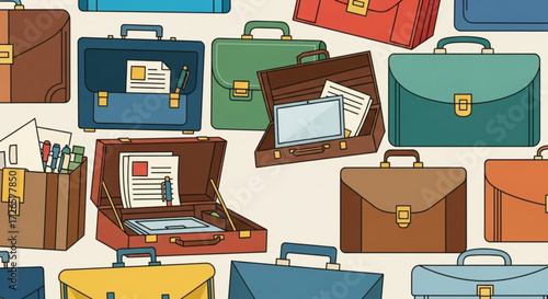 Seamless pattern featuring multiple colorful briefcases in various styles and open and closed positions