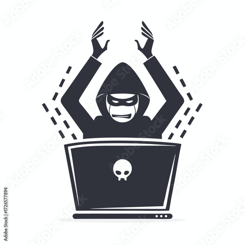 An ominous monochrome hacker with raised arms is seen working on a laptop