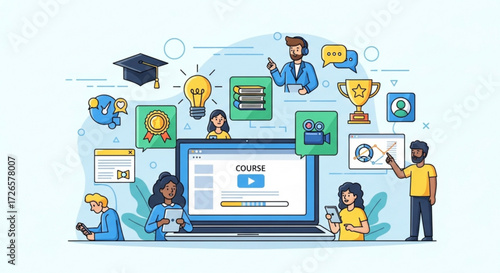 Illustration of an online course platform with students, instructor, and learning related icons around it