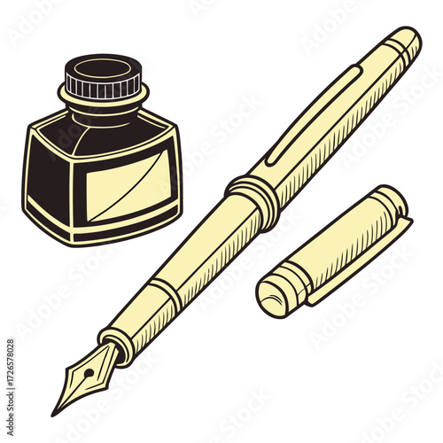 Illustration of a fountain pen with ink bottle
