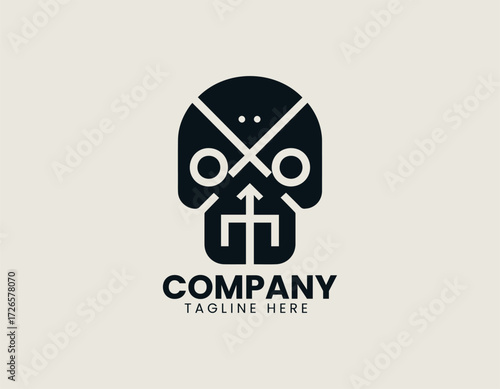 Vector logo minimalist skull with arrow and cross details in bold abstract design