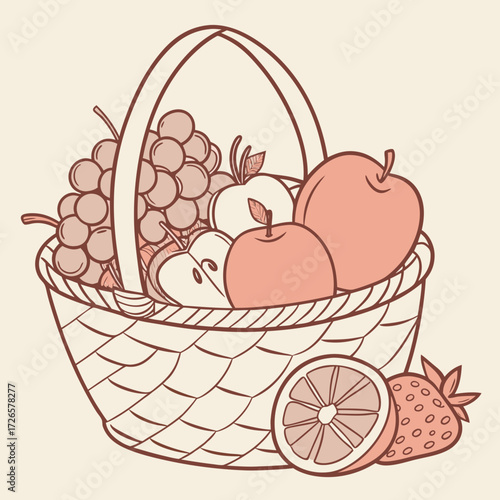 Illustration of a basket full of fresh fruits