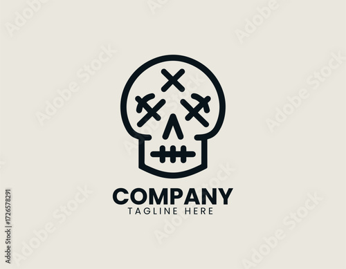 Vector logo minimalist skull with arrow and cross details in bold abstract design
