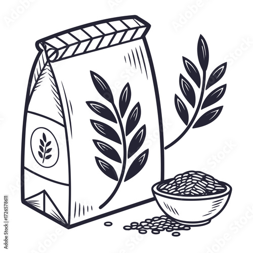 Detailed illustration of a bag of grain with a bowl of seeds