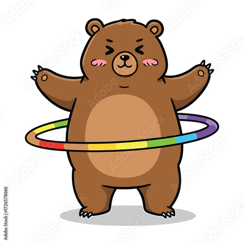 Cute cartoon bear with rainbow hula hoop on white background vector illustration