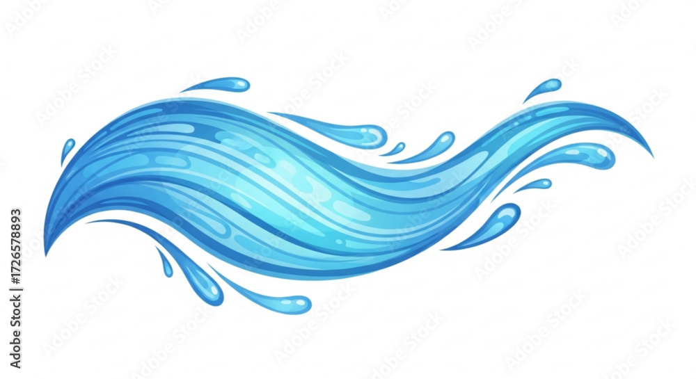 Fototapeta premium Illustration of a stylized blue water wave with droplets on a white background in a cartoon style