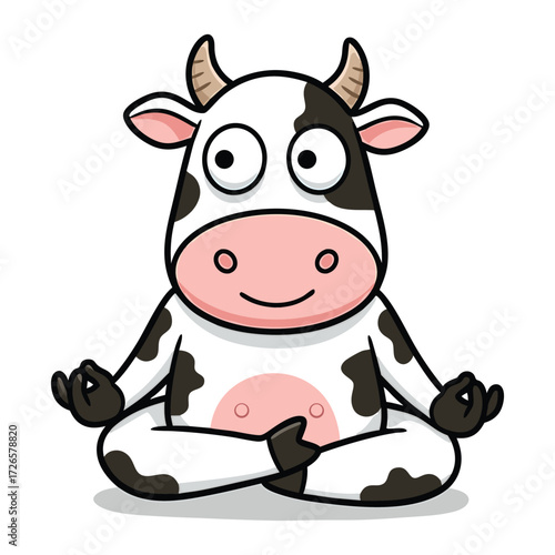 Cute cartoon cow meditating in lotus position on white background character yoga