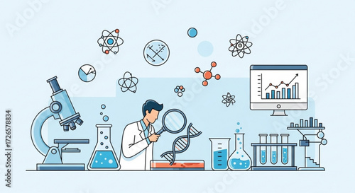 Illustration depicting a scientist examining dna with a magnifying glass in a laboratory setting with equipment