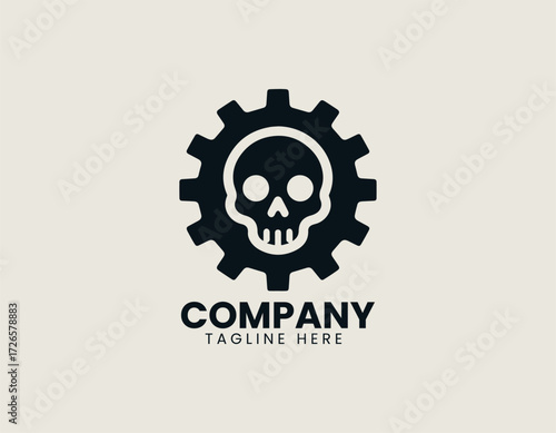 Vector logo shows skull inside gear cog with industrial mechanical design in modern style
