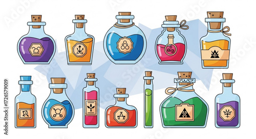 Collection of colorful cartoon potion bottles with various shapes and labels filled with different liquids