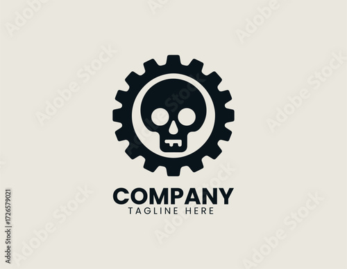 Vector logo shows skull inside gear cog with industrial mechanical design in modern style