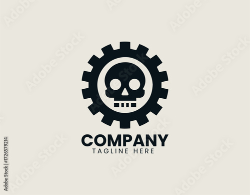 Vector logo shows skull inside gear cog with industrial mechanical design in modern style