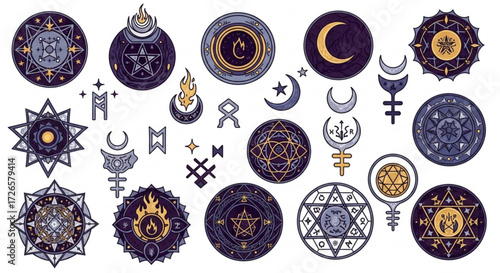 Collection of mystical symbols and celestial elements including moons stars runes and magical circle designs