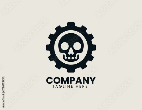 Vector logo shows skull inside gear cog with industrial mechanical design in modern style