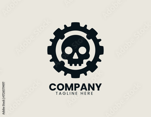 Vector logo shows skull inside gear cog with industrial mechanical design in modern style