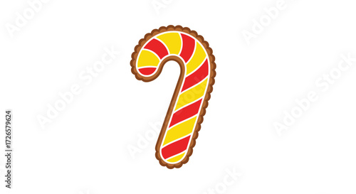 A festive candy cane cookie with red and yellow stripes decorated for the holidays.