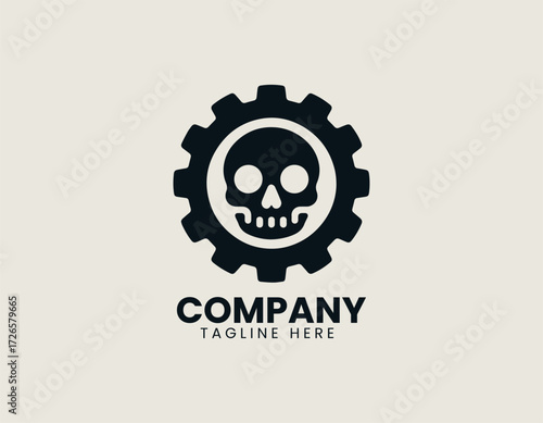 Vector logo shows skull inside gear cog with industrial mechanical design in modern style