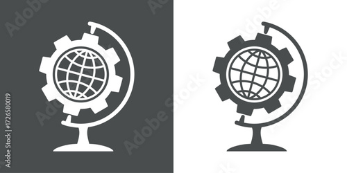 Logo maquinaria industrial, con engranaje con globo terráqueo con soporte