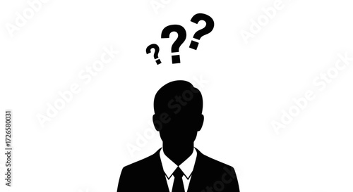 Silhouette of a man in suit with question marks, representing uncertainty and doubt in business