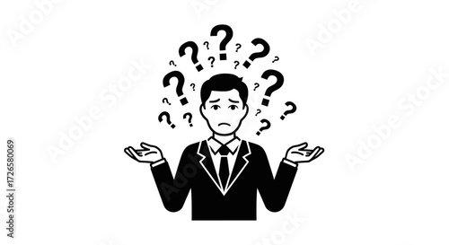 Confused businessman with question marks pondering solutions to complex problem