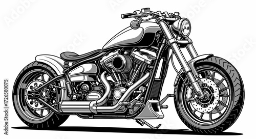 Monochrome illustration of a classic custom chopper motorcycle design style drawing