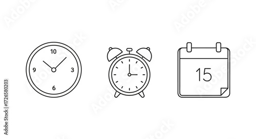 Time Management and Scheduling: Clock, Alarm Clock, and Calendar Icons for Planning and Deadlines