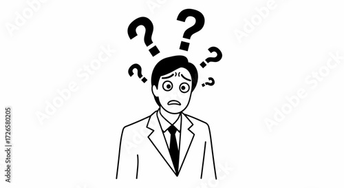 Confused businessman surrounded by question marks expressing uncertainty and doubt in decision