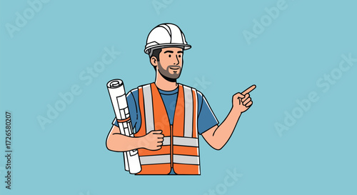 Construction Engineer in Safety Gear Pointing on Blue Background