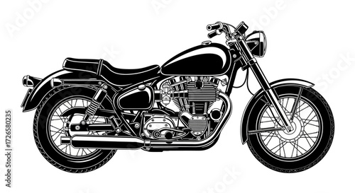 Detailed black and white line drawing of a classic motorcycle with intricate engine parts