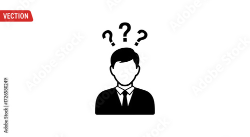 Confused businessman with question marks floating above his head illustration