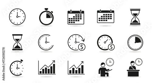 Vector set of time management icons representing productivity deadline and scheduling efficiency