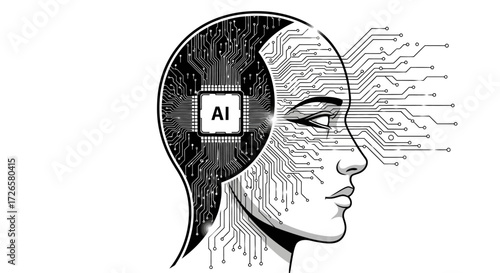 Artificial Intelligence Concept: Human Head Integrated with Circuitry Technology