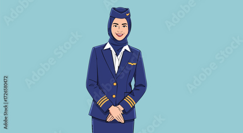 Professional Female Flight Attendant in Stylish Uniform Standing Confidently