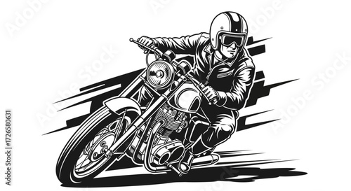 Monochrome depiction of a biker riding a motorcycle at high speed, showcasing skill and adrenaline