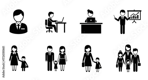 Diverse family and career icons showcase modern work life balance depictions illustration