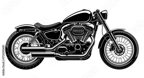 Detailed black and white vector illustration of a classic motorcycle design