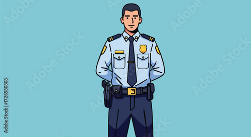 Confident Male Police Officer Standing in Uniform Against Blue Background