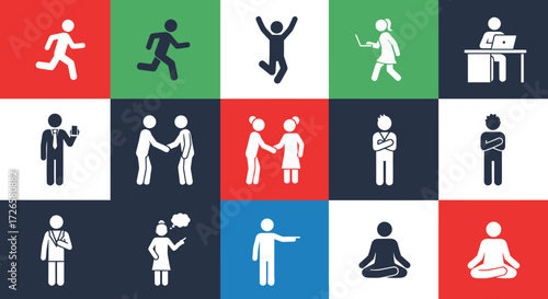 Diverse stick figure representations illustrating various actions and professions within a vibrant