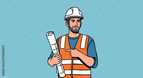 Construction Engineer Holding Blueprints with Safety Gear on a Bright Blue Background